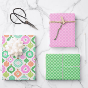 Feuille De Papier Cadeau Bright Retro Noël Ornements & Chèques Motif