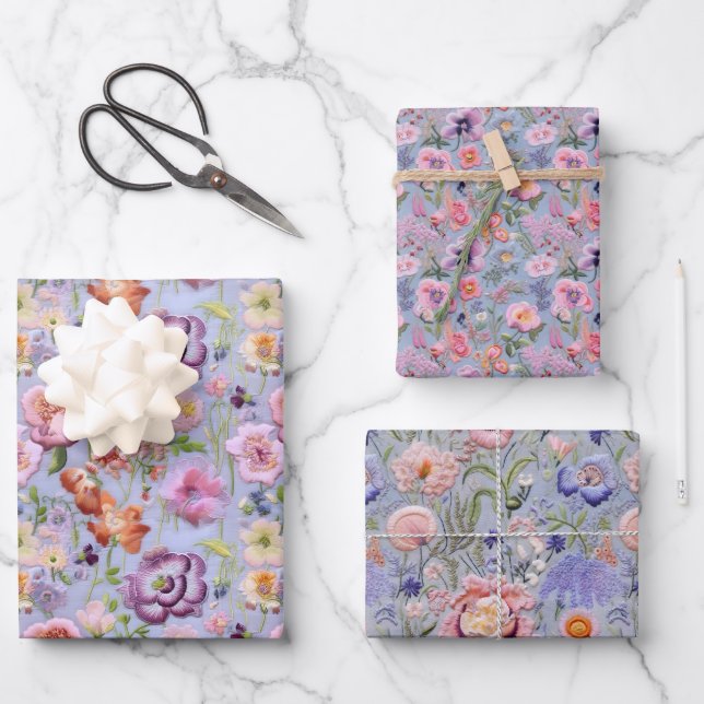 Feuille De Papier Cadeau Broderie Florale Violette (Recto)