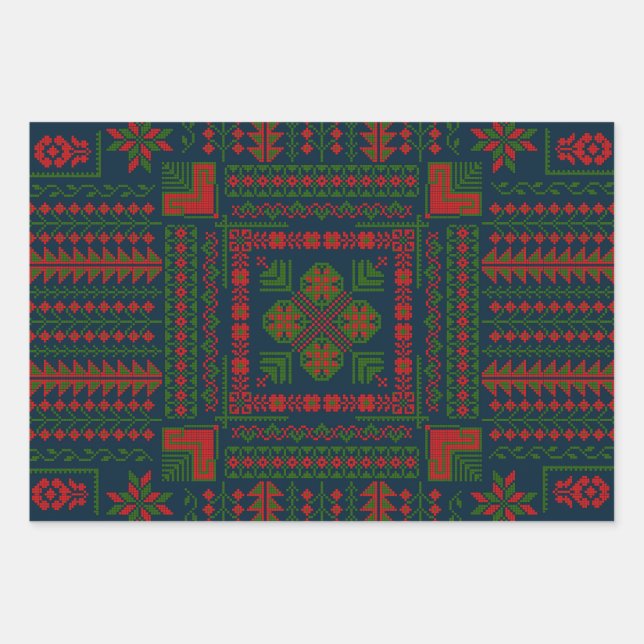 Feuille De Papier Cadeau Broderie palestinienne Tatreez rouge vert 5 Motif (Devant)