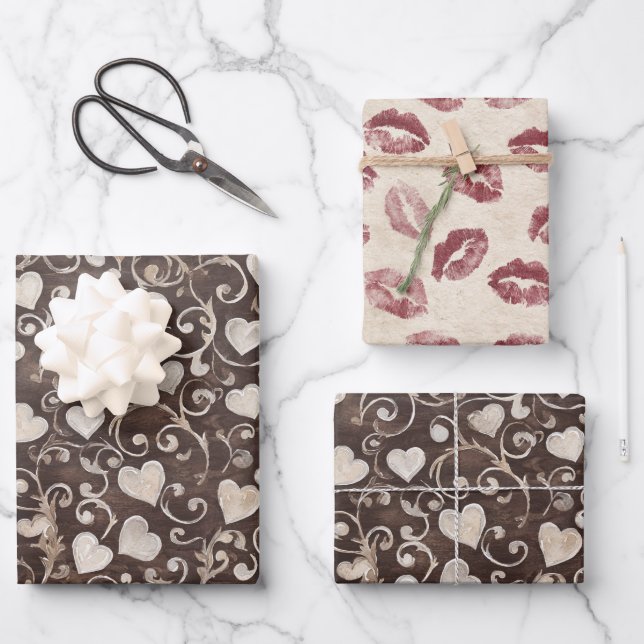 Feuille De Papier Cadeau Brown Cream Hearts Red Lips Kisses Bridal Shower (Recto)