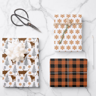 Feuille De Papier Cadeau Brûlé Orange Buffalo Plaid Longhorn Motif