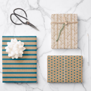 Feuille De Papier Cadeau Brun Kraft Faux Rustique Lignes Bleu Téâl Vert
