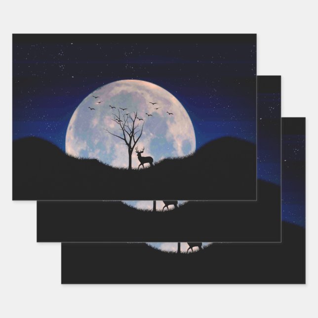 Feuille De Papier Cadeau Buck with Big Rack Against Full Moon (Lot)