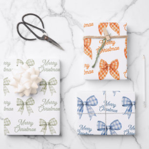 Feuille De Papier Cadeau Buffalo Plaid Bows Sage Peach Blue Joyeux Noël