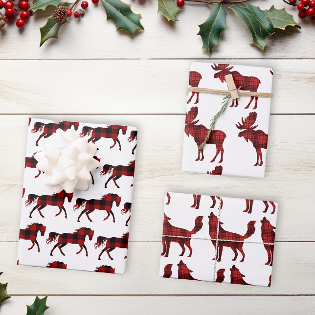 Feuille De Papier Cadeau Buffalo Plaid Red Christmas Animaux Lumberjack (Créateur téléchargé)