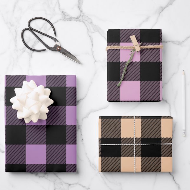Feuille De Papier Cadeau Buffalo Plaid rose, violet et orange (Recto)