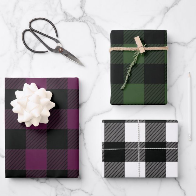 Feuille De Papier Cadeau Buffle d'automne Plaid vert, Bourgogne, blanc (Recto)