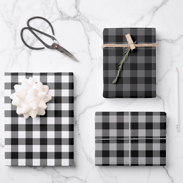 Feuille De Papier Cadeau Buffle noir gris blanc Plaid Holiday (Recto)