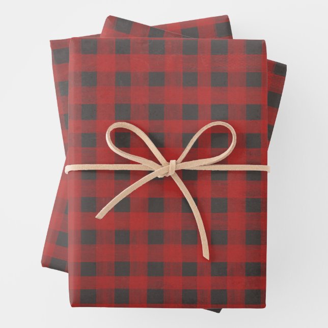 Feuille De Papier Cadeau Buffle rouge et gris plaid (En situation)