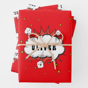 Feuille De Papier Cadeau Bulle de bande dessinée de super-héros Nom de garç