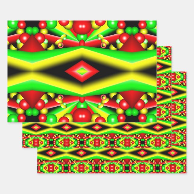 Feuille De Papier Cadeau Bulles Rouges Jaunes Vertes Et Grilles Art Abstrai (Lot)