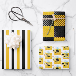 Feuille De Papier Cadeau Bumble Bee, Peigne de miel, Rayures & Points