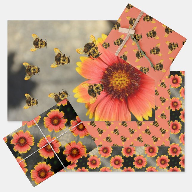 Feuille De Papier Cadeau Bumblebees et Gaillardia Fleurs Orange (Créateur téléchargé)