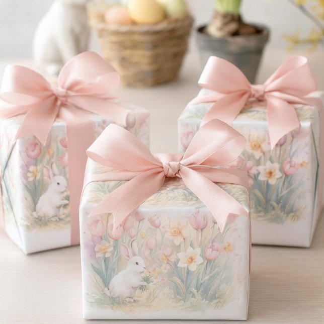 Feuille De Papier Cadeau Bunny Florals for Spring-Easter  (Wrapped in bunny florals with blush bows, these spring gifts charm any Easter table setting.)