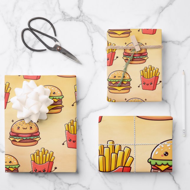 Feuille De Papier Cadeau Burger et Fries Fun Kawaii (Recto)