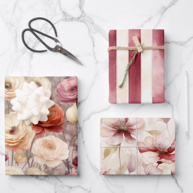 Feuille De Papier Cadeau Burgundy Cream Fleurs printanières Fête de mariage (Recto)