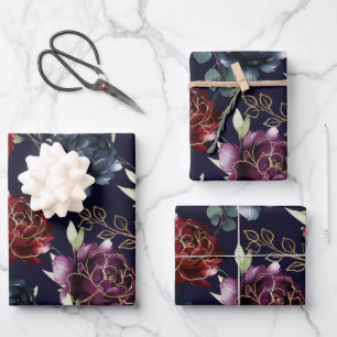 Feuille De Papier Cadeau Burgundy Navy Peony Floral Gold Shimmer