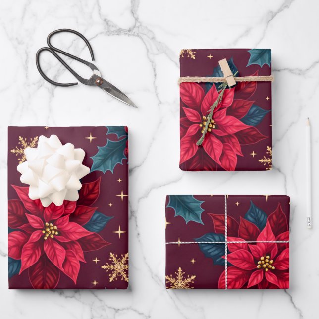 Feuille De Papier Cadeau Burgundy Poinsettia & Gold Snowflake Dark Feminine (Recto)