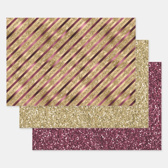 Feuille De Papier Cadeau Burgundy Red Gold Parties scintillant Stripes (Lot)