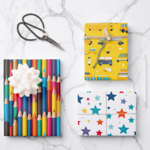 Feuille De Papier Cadeau Bus Scolaire Crayon de Couleur Étoiles Colorées