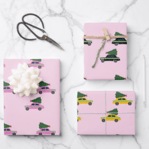 Feuille De Papier Cadeau Cabine d'hiver Taxi sapin Motif rose Noël