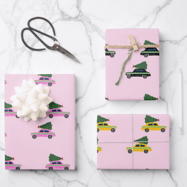 Feuille De Papier Cadeau Cabine d'hiver Taxi sapin Motif rose Noël (Recto)