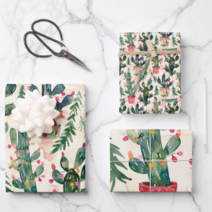 Feuille De Papier Cadeau cactus aquarelle lumières de noël pour don