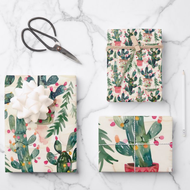 Feuille De Papier Cadeau cactus aquarelle lumières de noël pour don (Recto)