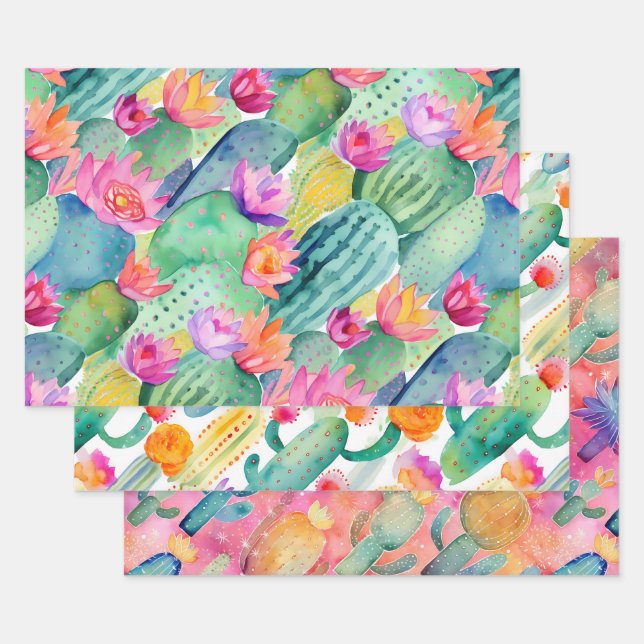 Feuille De Papier Cadeau Cactus Art Combo Vert Blanc Rose Désert Sud-ouest (Lot)