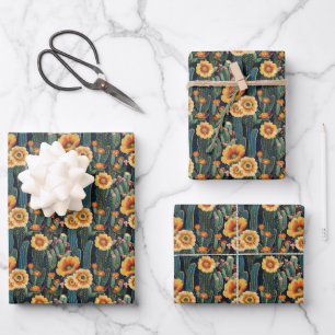 Feuille De Papier Cadeau Cactus en fleurs jaune brodé sur fond noir