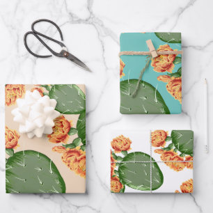 Feuille De Papier Cadeau Cactus et fleurs de poires