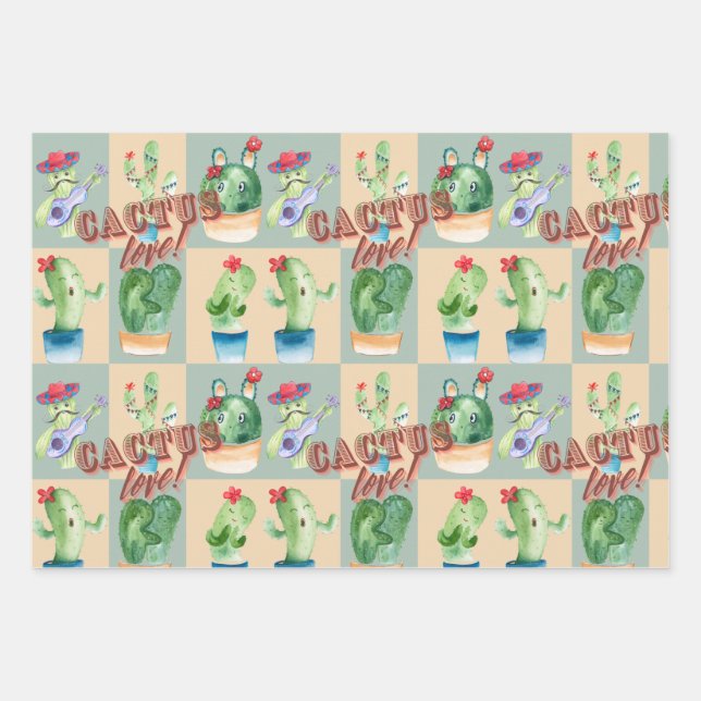 Feuille De Papier Cadeau cactus love - motif aquarelle (Devant)