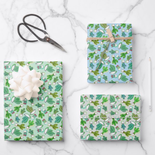 Feuille De Papier Cadeau Cactus mignons, cactus succulent dans des pots bla (Recto)
