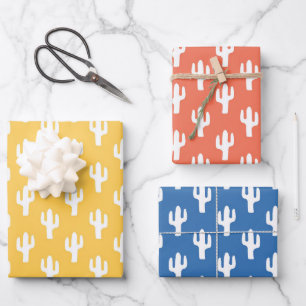 Feuille De Papier Cadeau Cactus Motif Jaune Orange Bleu Désert Sud-Ouest