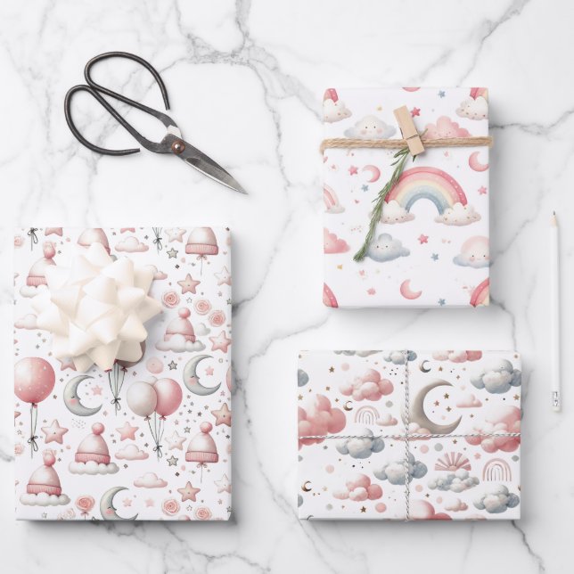 Feuille De Papier Cadeau Cadeau bébé ciel arc-en-ciel pastel et nuage  (Recto)