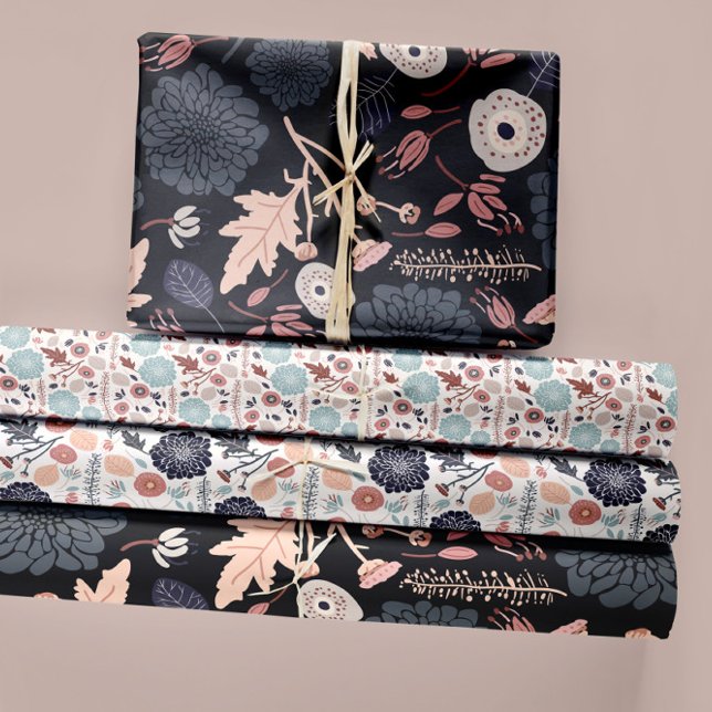 Feuille De Papier Cadeau Cadeau de découpage trio végétal (Botanical Floral Trio Prints Black Blue Pink Wrapping Paper Sheets from Studio Posies. )