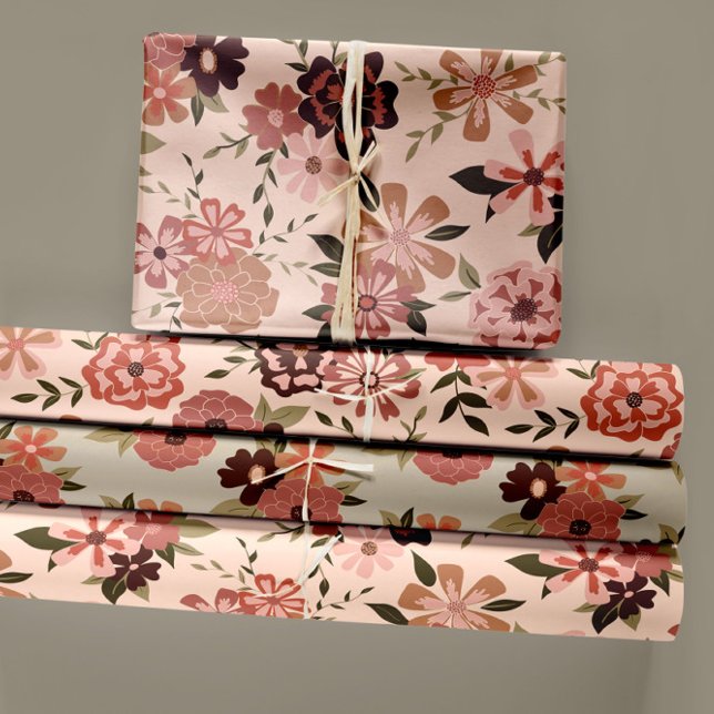 Feuille De Papier Cadeau Cadeau de découpage végétal de la Pêche (Whimsical Peach Brown Floral Pattern Wrapping Paper Sheets from Studio Posies.)