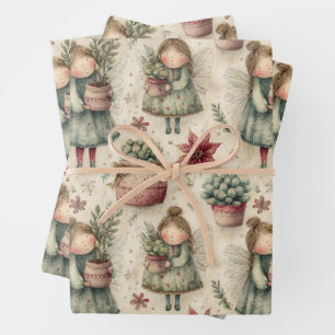 Feuille De Papier Cadeau Cadeau de jardin de fées de Noël à l'aquarelle fan