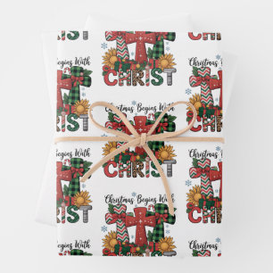 Feuille De Papier Cadeau Cadeau de Noël Joyeux Xmas Carreaux Religieux Croi