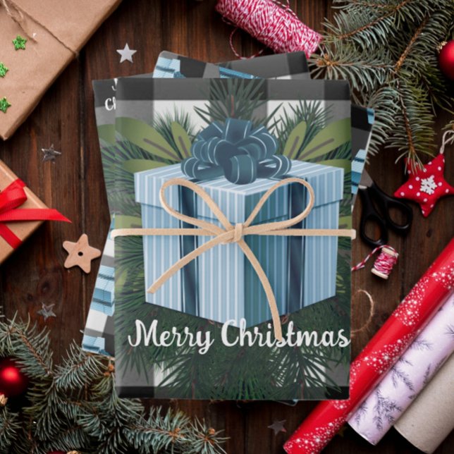 Feuille De Papier Cadeau Cadeau de Noël Plaid Buffalo | Bleu (Blue Buffalo Plaid Christmas Gift Wrapping Paper Sheets)
