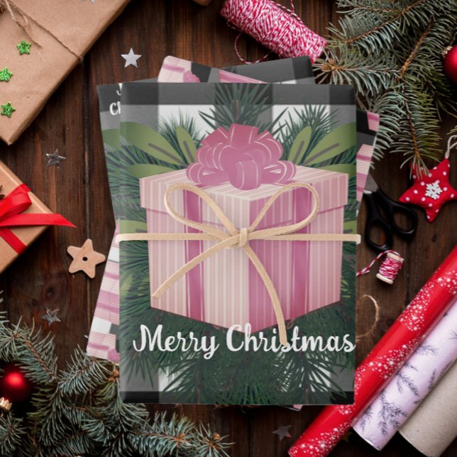 Feuille De Papier Cadeau Cadeau de Noël Plaid Buffalo | Rose (Pink Buffalo Plaid Christmas Gift Wrapping Paper Sheets)