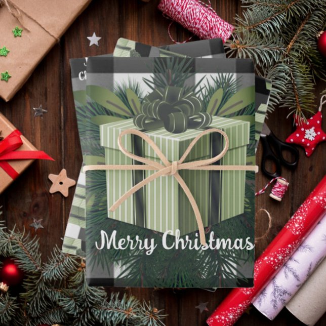 Feuille De Papier Cadeau Cadeau de Noël Plaid Buffalo | Vert (Green Buffalo Plaid Christmas Gift Wrapping Paper Sheets)
