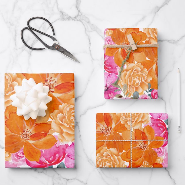 Feuille De Papier Cadeau Cadeau en fleurs florales rose vif et orange (Recto)