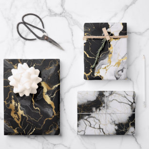 Feuille De Papier Cadeau Cadeau Motif Black White Gold Marbel