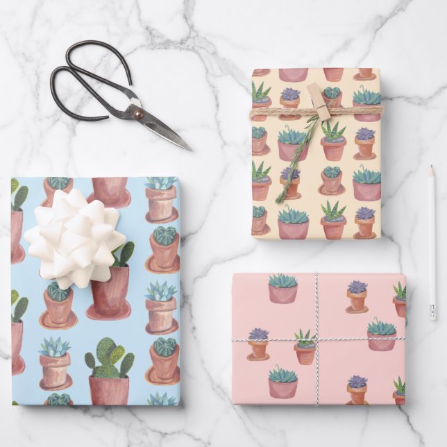 Feuille De Papier Cadeau Cadeau Plante en pots Succulents et cactus Aquarel (Front)