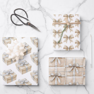Feuille De Papier Cadeau Cadeaux de Noël Rubans Étincelants Argent Crème Bl