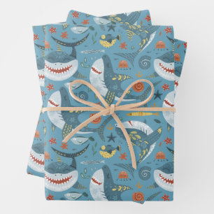 Feuille De Papier Cadeau Cadeaux de requin tendance Anniversaire Vert Bleu