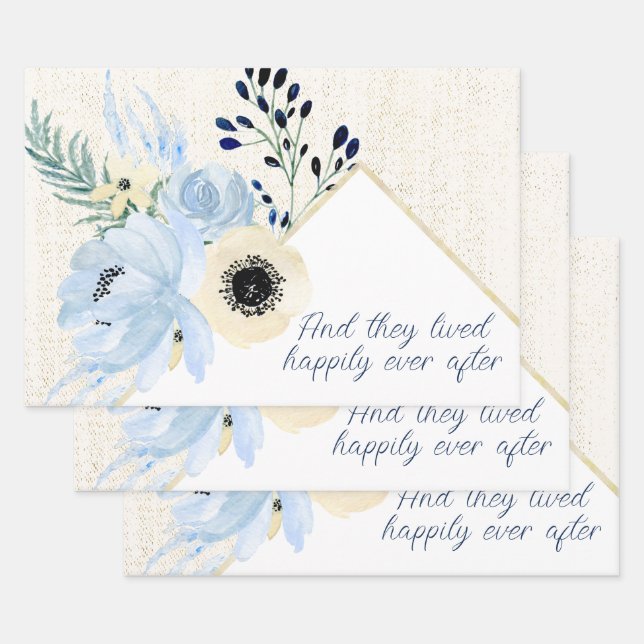 Feuille De Papier Cadeau Cadre de fleurs à l'aquarelle bleue et crème (Lot)