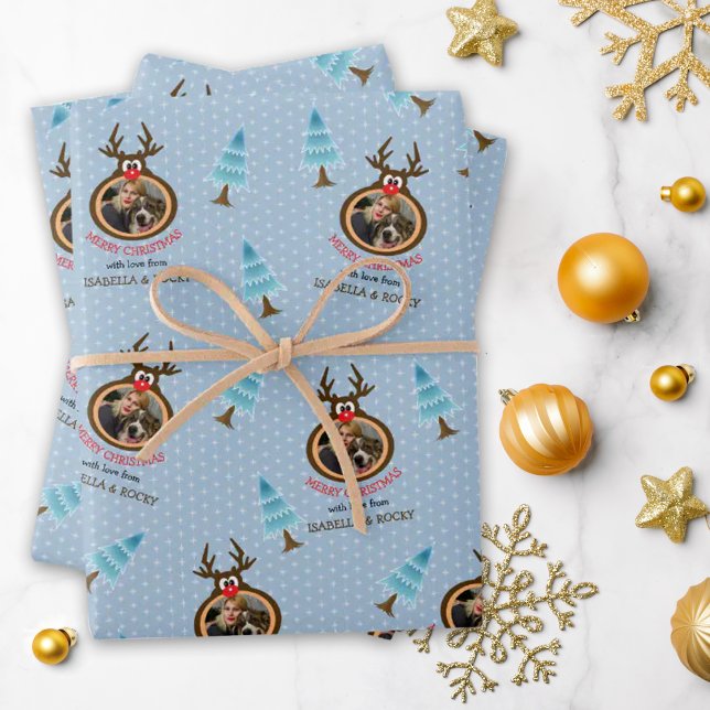 Feuille De Papier Cadeau Cadre photo personnalisé Cute Reindeer Bleu (Créateur téléchargé)