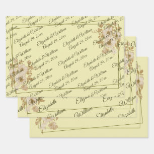 Feuille De Papier Cadeau Cadre Rose – Monogramme Jaune Céleste Mariage